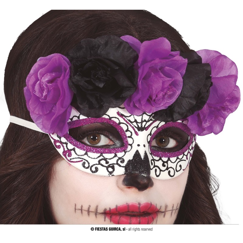 Antifaz Catrina con flores lilas y negras